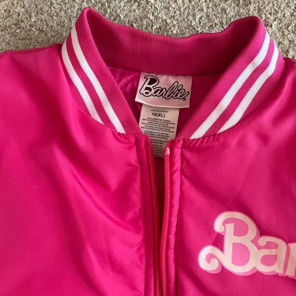 Girl’s Barbie Bomber Jacket hot pink striped warm oversize classic XL - Picture 2 of 5
